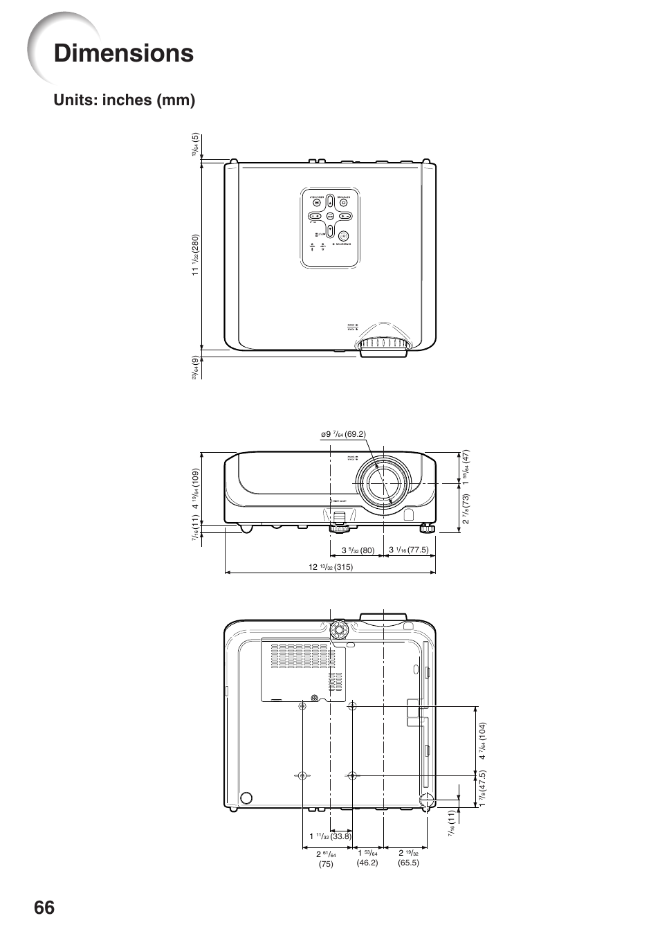 Dimensions, Units: inches (mm) | Sharp PG-F320W User Manual | Page 70 / 72