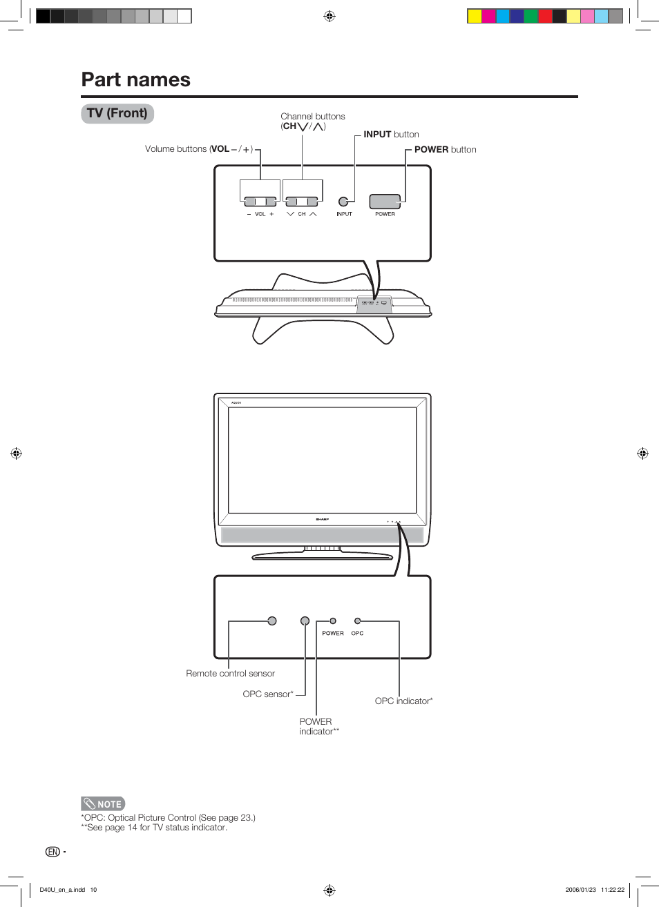 Part names, Tv (front) | Sharp Aquos LC 45D40U User Manual | Page 11 / 54