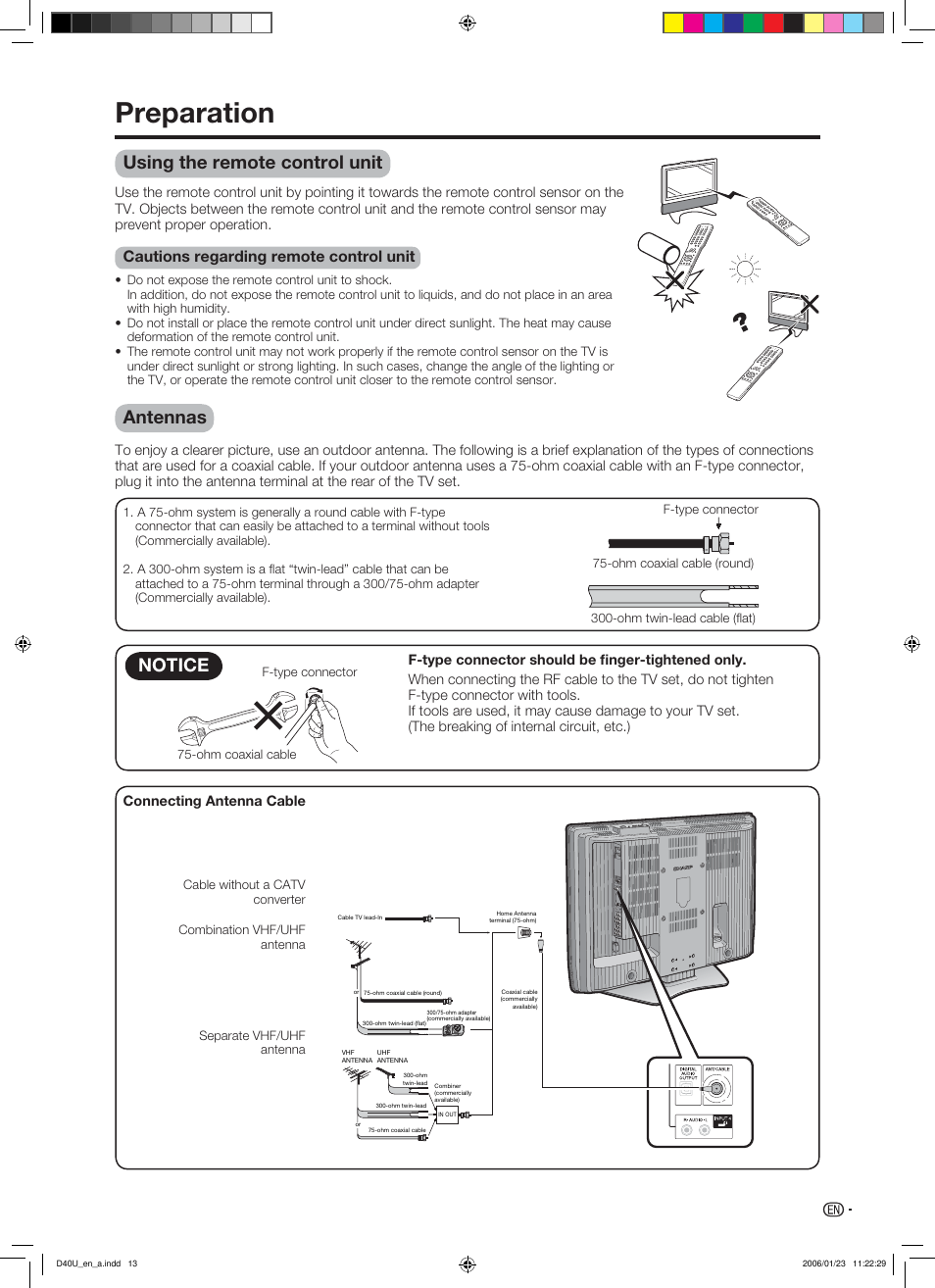 Preparation, Using the remote control unit, Cautions regarding remote control unit | Antennas, Notice | Sharp Aquos LC 45D40U User Manual | Page 14 / 54