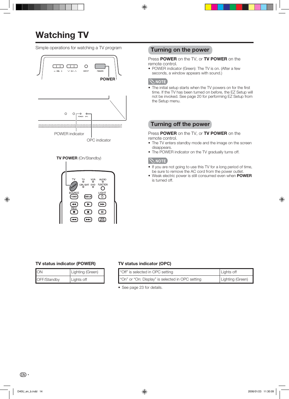 Watching tv, Turning on the power, Turning off the power | Sharp Aquos LC 45D40U User Manual | Page 15 / 54