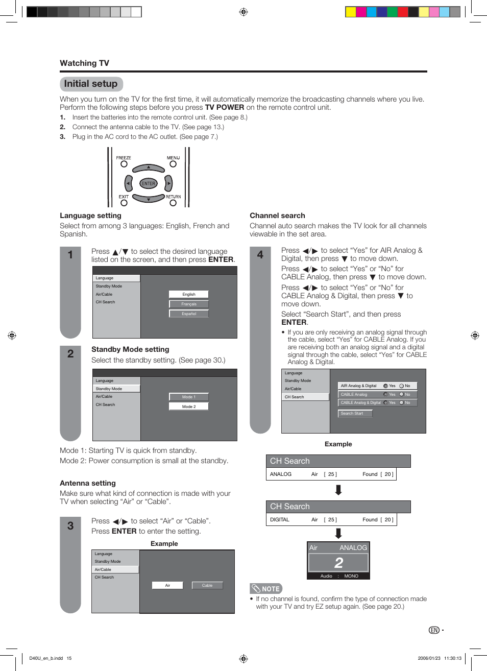 Initial setup, Ch search, Watching tv | Sharp Aquos LC 45D40U User Manual | Page 16 / 54