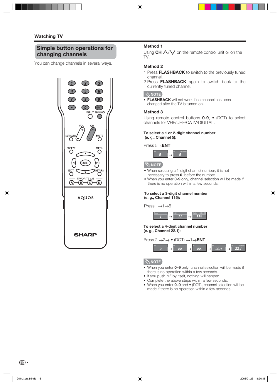 Simple button operations for changing channels, Watching tv | Sharp Aquos LC 45D40U User Manual | Page 17 / 54