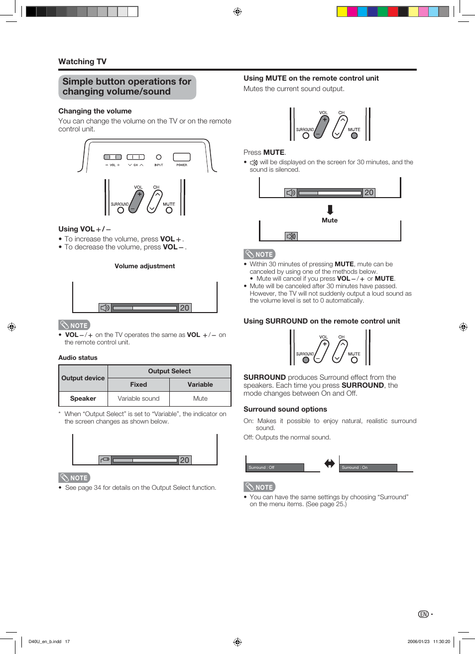 Simple button operations for changing volume/sound | Sharp Aquos LC 45D40U User Manual | Page 18 / 54