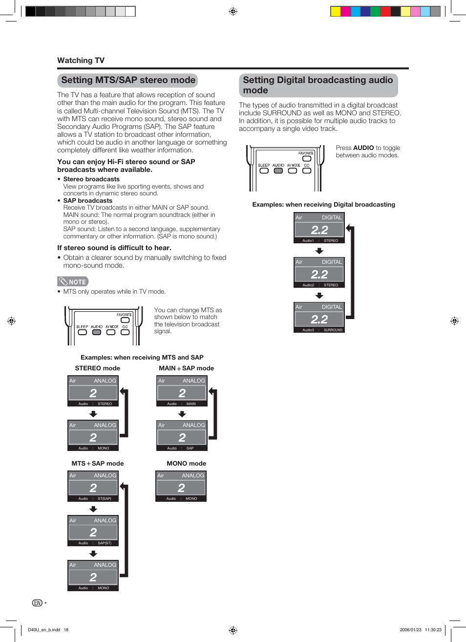 Setting mts/sap stereo mode, Setting digital broadcasting audio mode, Watching tv | Sharp Aquos LC 45D40U User Manual | Page 19 / 54