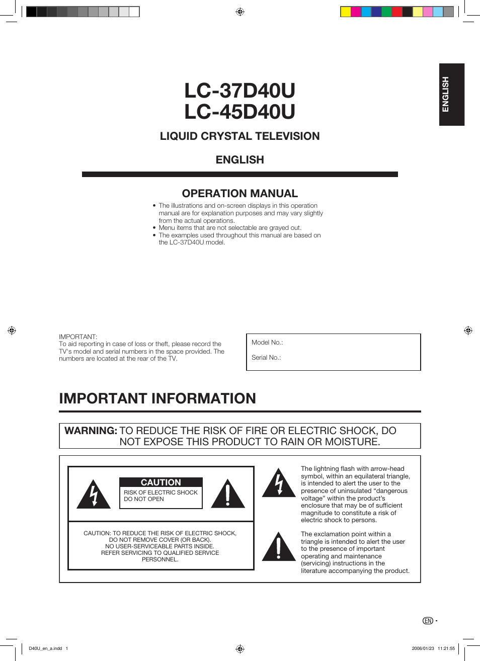 Important information, Operation manual, Liquid crystal television english | Sharp Aquos LC 45D40U User Manual | Page 2 / 54