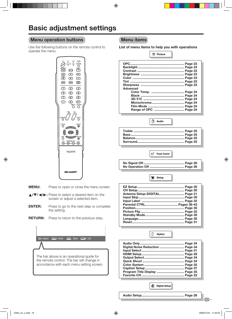 Basic adjustment settings, Menu operation buttons, Menu items | Sharp Aquos LC 45D40U User Manual | Page 20 / 54