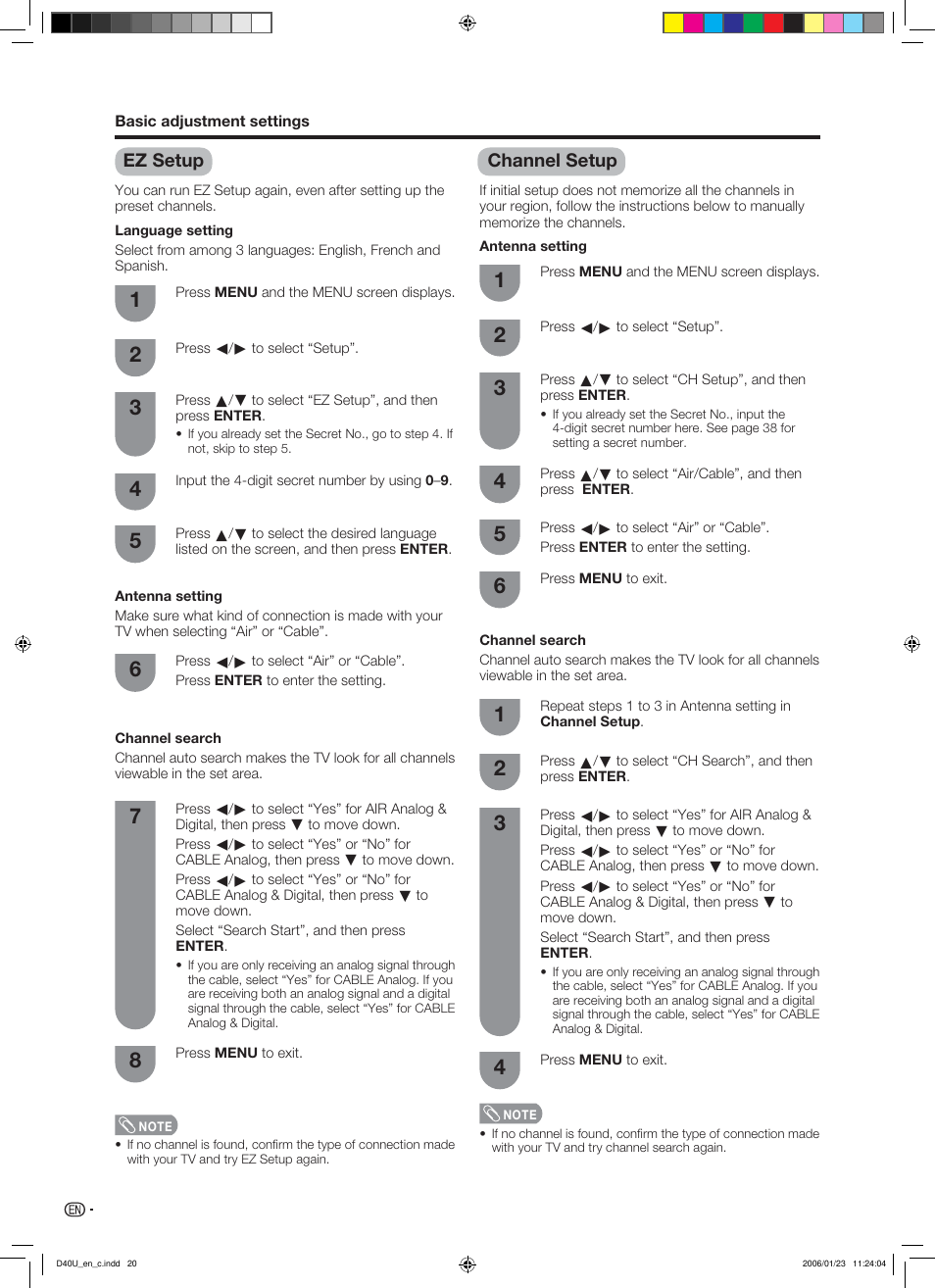 Ez setup, Channel setup | Sharp Aquos LC 45D40U User Manual | Page 21 / 54