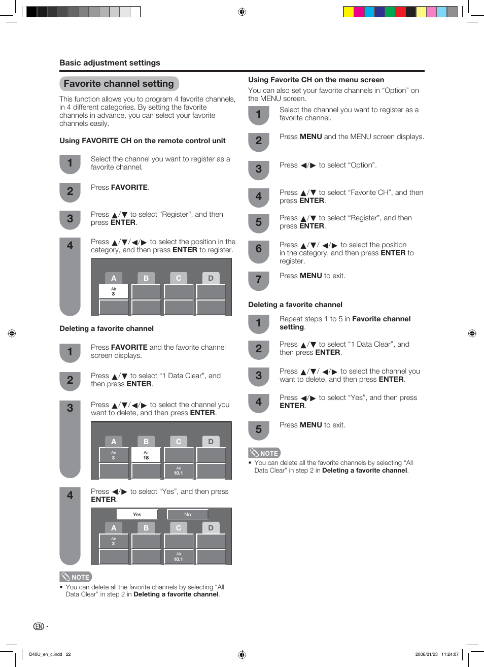 Favorite channel setting | Sharp Aquos LC 45D40U User Manual | Page 23 / 54