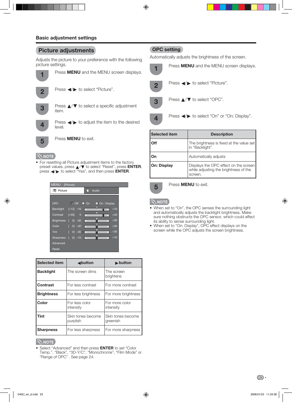 Picture adjustments, Opc setting | Sharp Aquos LC 45D40U User Manual | Page 24 / 54