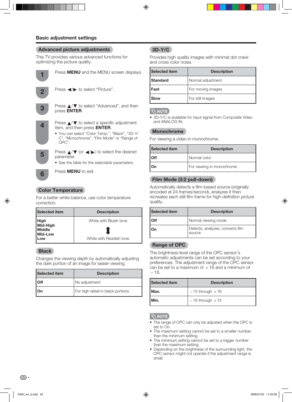 Advanced picture adjustments, Color temperature, Black | 3d-y/c, Monochrome, Film mode (3:2 pull-down), Range of opc | Sharp Aquos LC 45D40U User Manual | Page 25 / 54