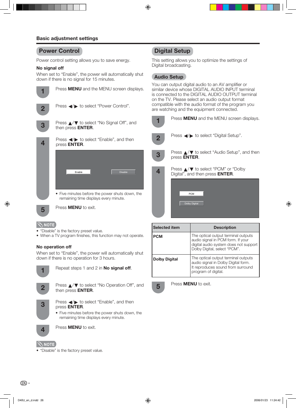 Power control, Digital setup, Audio setup | Sharp Aquos LC 45D40U User Manual | Page 27 / 54