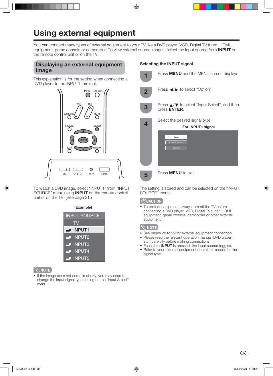 Using external equipment, Displaying an external equipment image | Sharp Aquos LC 45D40U User Manual | Page 28 / 54
