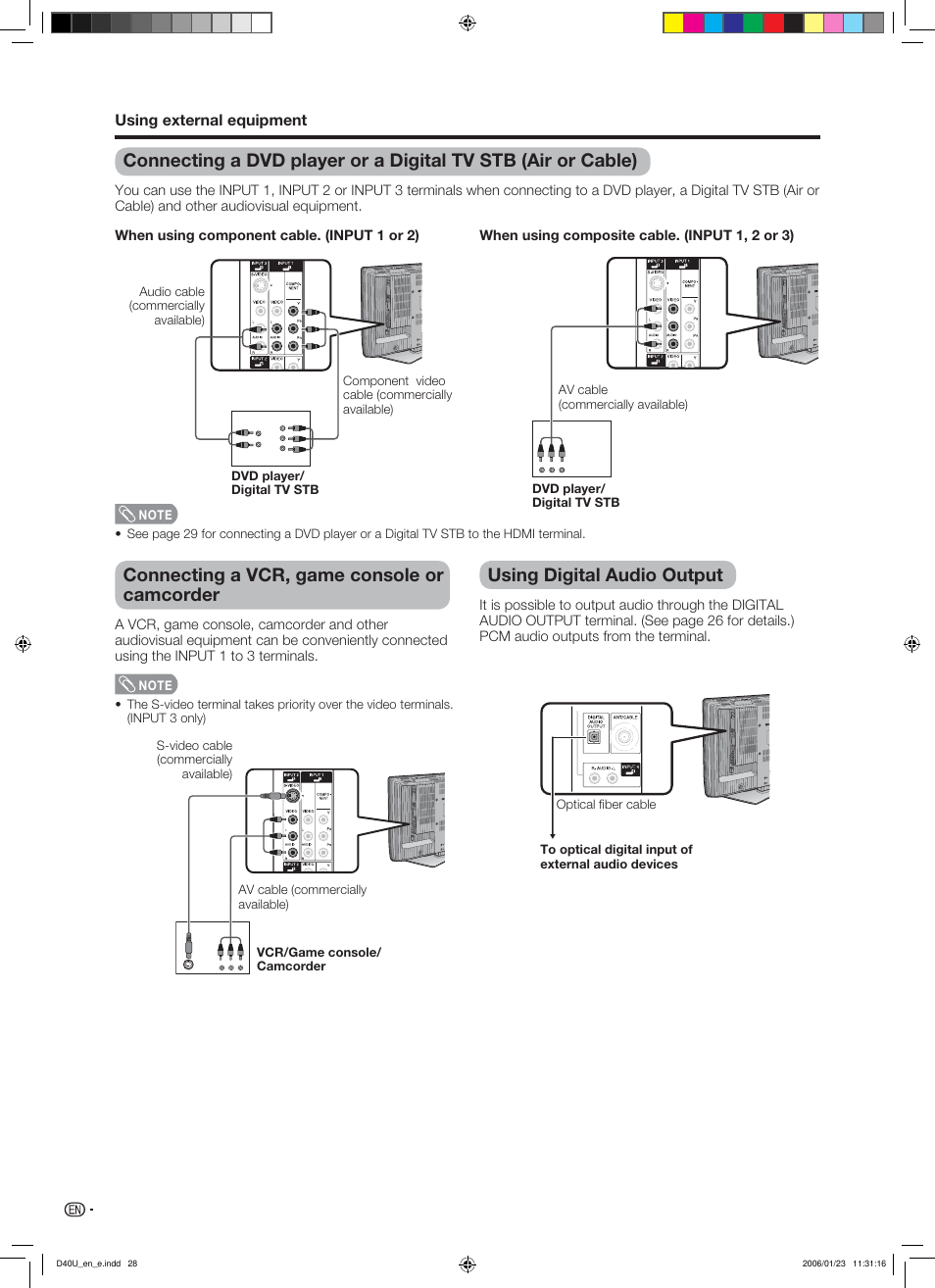 Connecting a vcr, game console or camcorder, Using digital audio output | Sharp Aquos LC 45D40U User Manual | Page 29 / 54