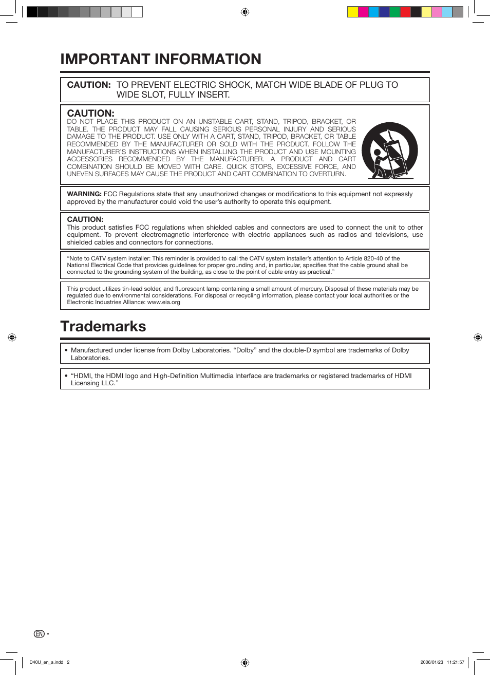 Trademarks, Important information trademarks, Caution | Sharp Aquos LC 45D40U User Manual | Page 3 / 54