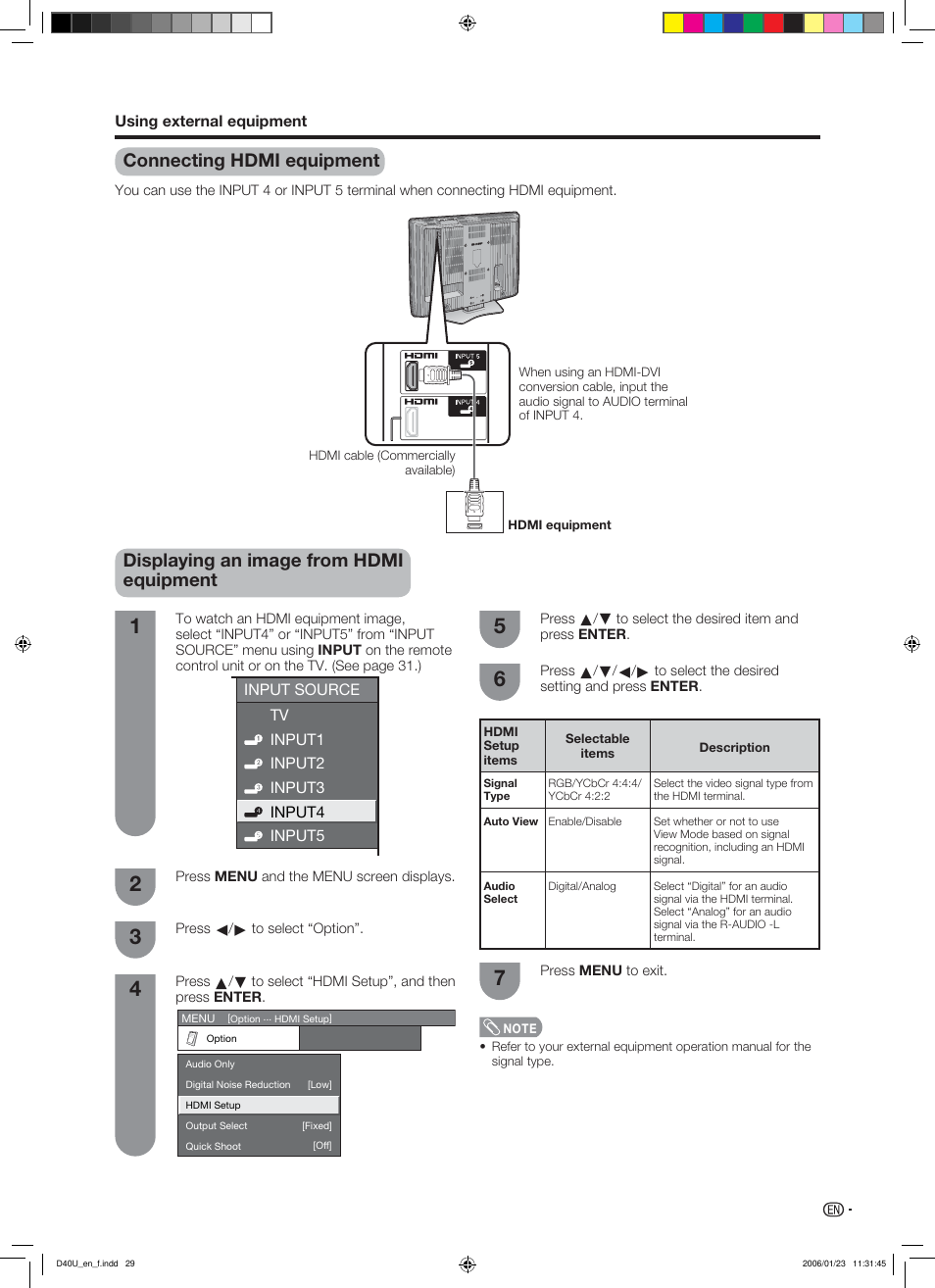 Connecting hdmi equipment, Displaying an image from hdmi equipment | Sharp Aquos LC 45D40U User Manual | Page 30 / 54