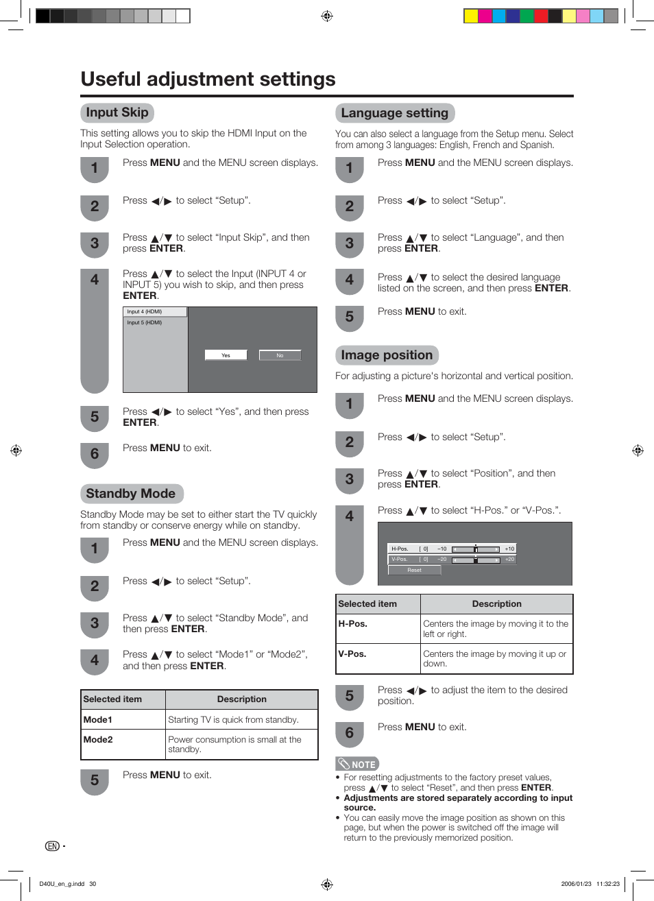 Useful adjustment settings, Input skip, Standby mode | Language setting, Image position | Sharp Aquos LC 45D40U User Manual | Page 31 / 54