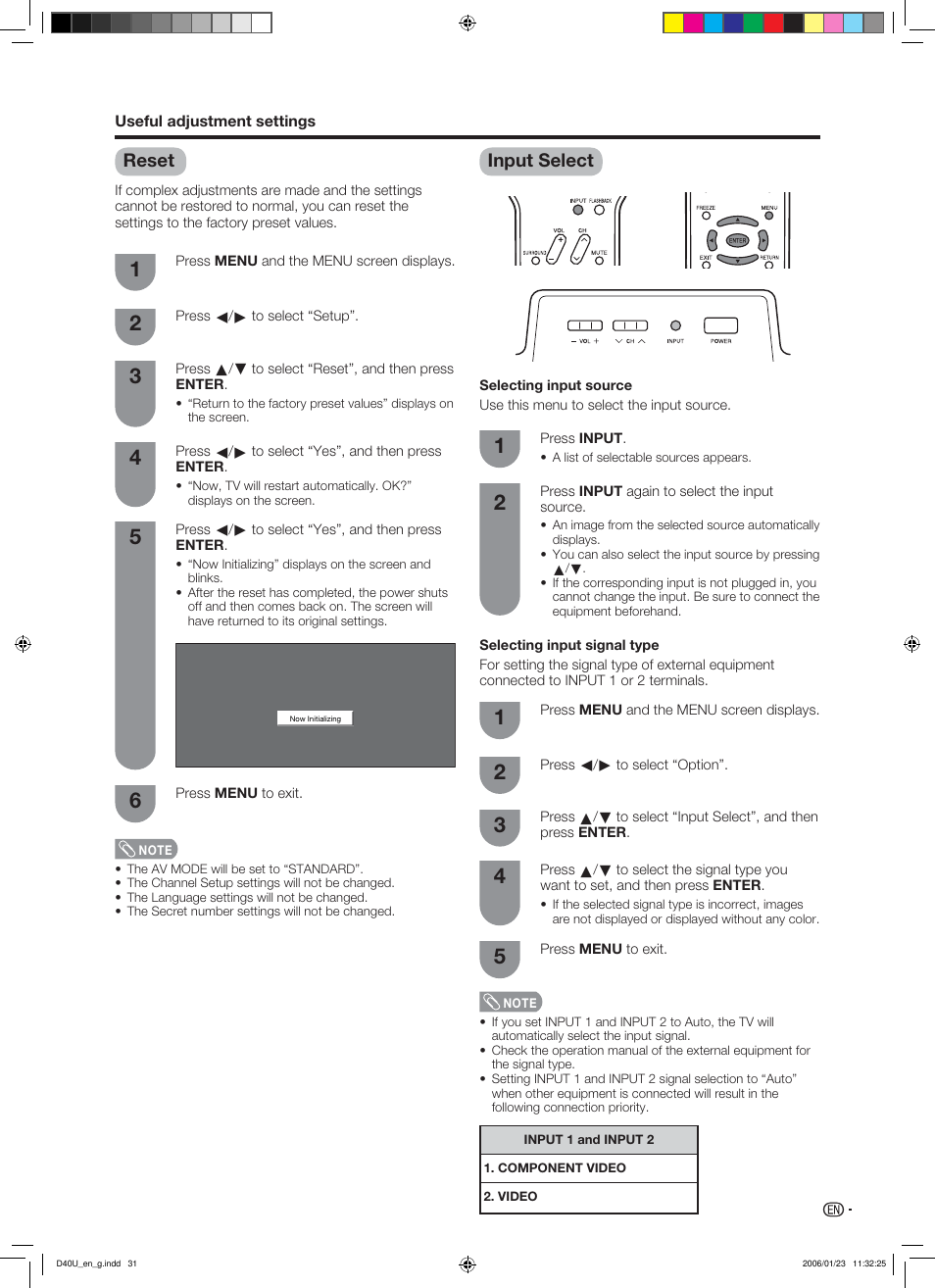 Reset, Input select | Sharp Aquos LC 45D40U User Manual | Page 32 / 54