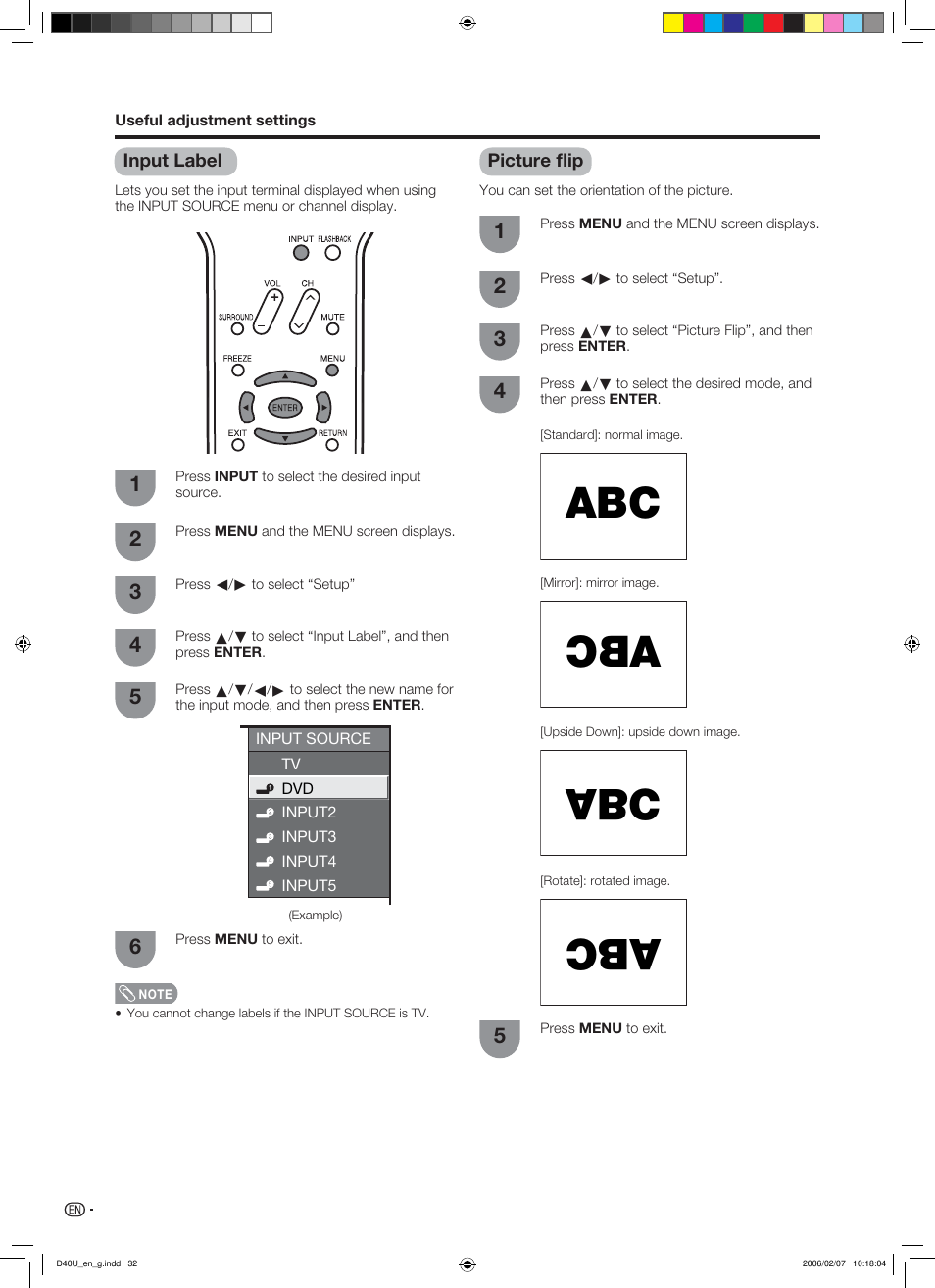 Input label, Picture flip | Sharp Aquos LC 45D40U User Manual | Page 33 / 54