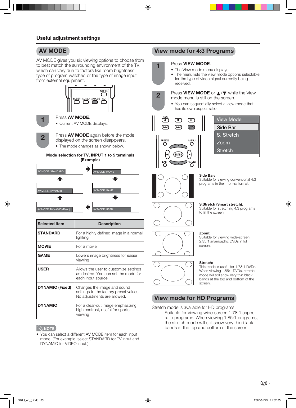 Av mode, View mode for 4:3 programs, View mode for hd programs | Sharp Aquos LC 45D40U User Manual | Page 34 / 54