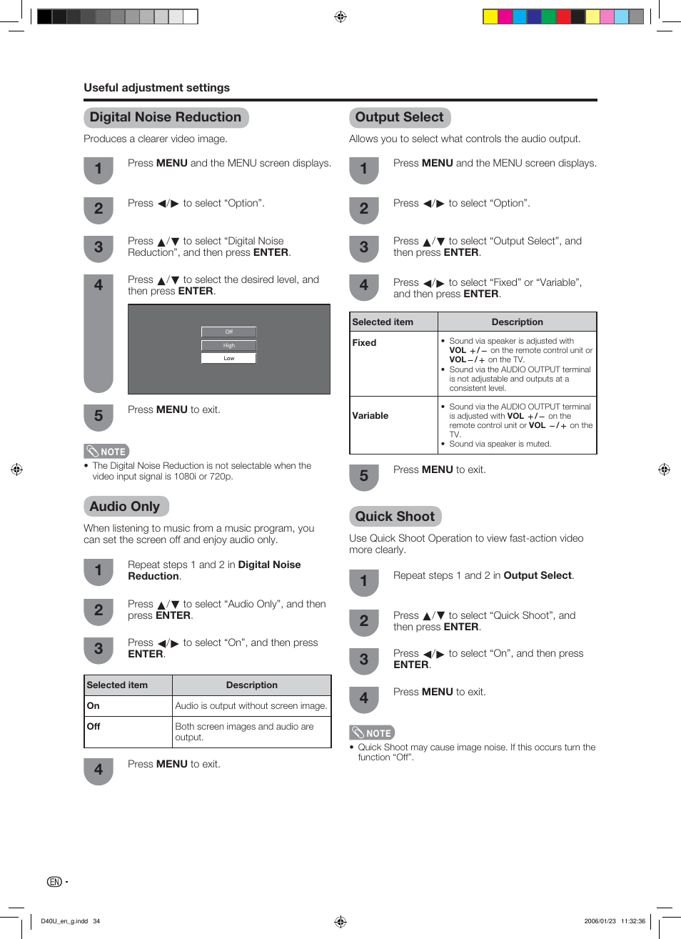 Digital noise reduction, Audio only, Output select | Quick shoot | Sharp Aquos LC 45D40U User Manual | Page 35 / 54