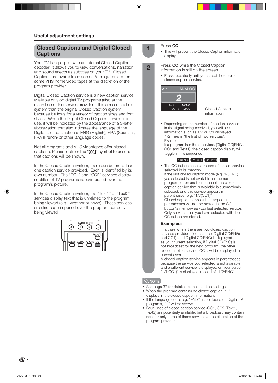 Closed captions and digital closed captions | Sharp Aquos LC 45D40U User Manual | Page 37 / 54