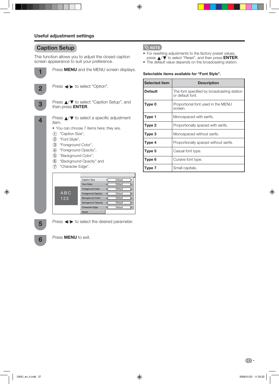 Caption setup | Sharp Aquos LC 45D40U User Manual | Page 38 / 54