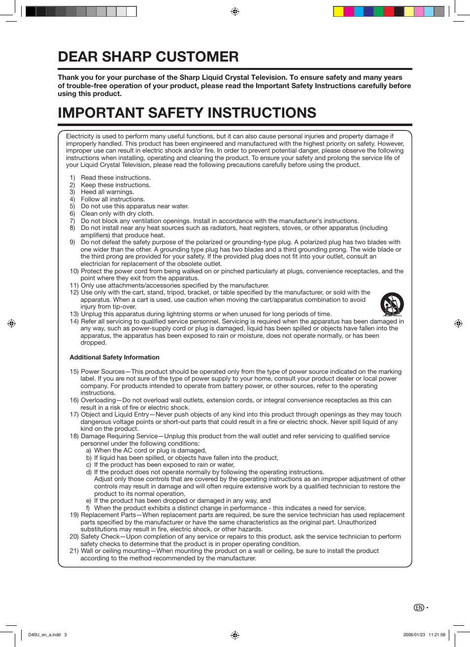 Dear sharp customer, Important safety instructions | Sharp Aquos LC 45D40U User Manual | Page 4 / 54