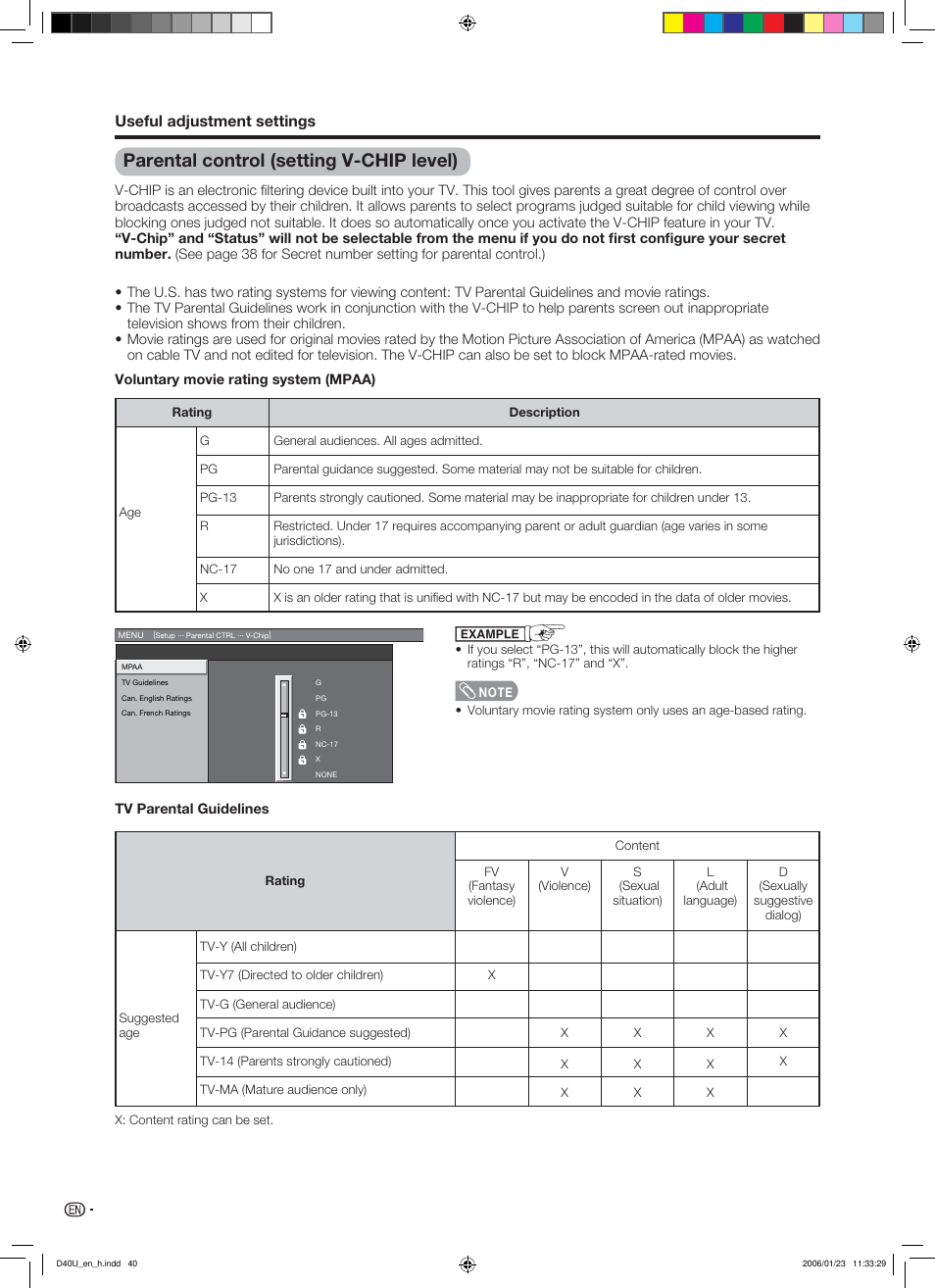 Parental control (setting v-chip level), Useful adjustment settings | Sharp Aquos LC 45D40U User Manual | Page 41 / 54