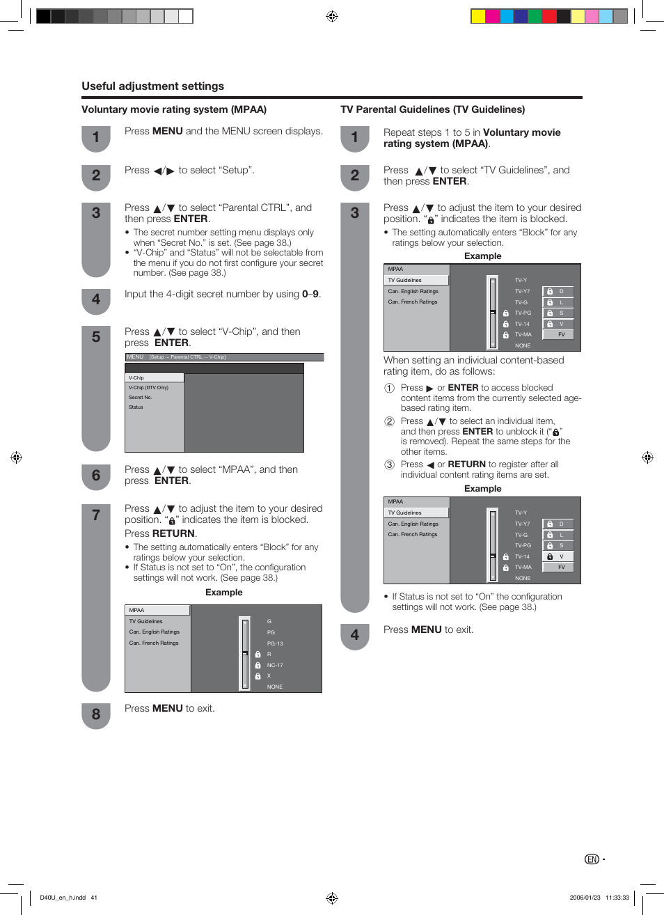 Useful adjustment settings | Sharp Aquos LC 45D40U User Manual | Page 42 / 54