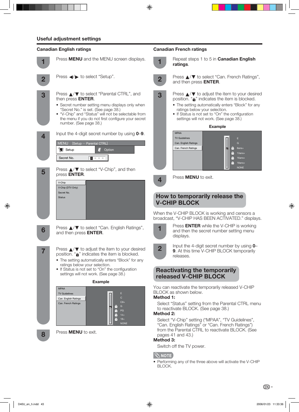 How to temporarily release the v-chip block, Reactivating the temporarily released v-chip block | Sharp Aquos LC 45D40U User Manual | Page 44 / 54