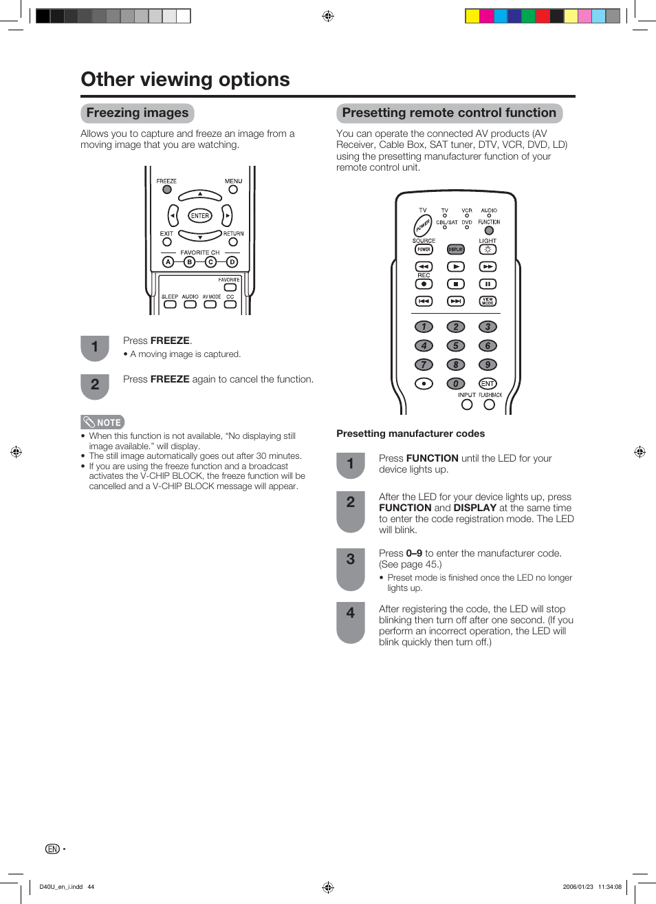 Other viewing options, Freezing images, Presetting remote control function | Sharp Aquos LC 45D40U User Manual | Page 45 / 54