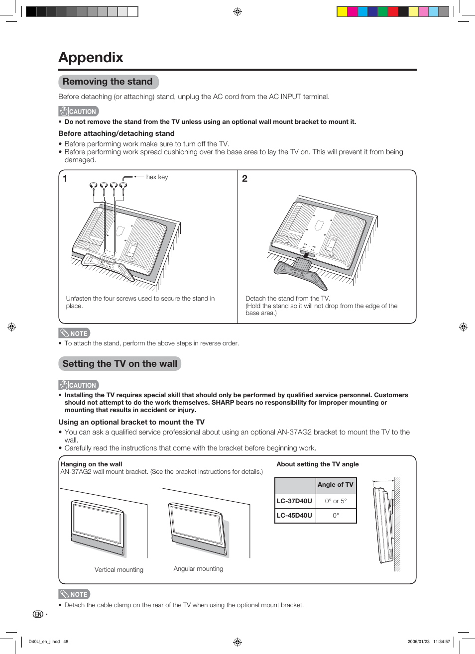 Appendix, Removing the stand, Setting the tv on the wall | Sharp Aquos LC 45D40U User Manual | Page 49 / 54