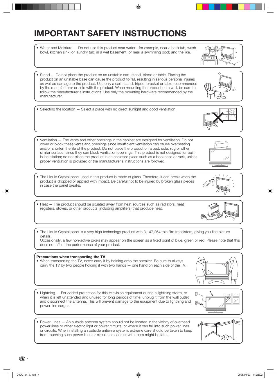 Important safety instructions | Sharp Aquos LC 45D40U User Manual | Page 5 / 54