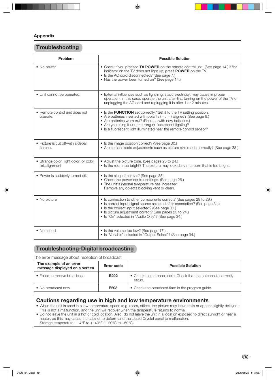 Troubleshooting, Troubleshooting-digital broadcasting | Sharp Aquos LC 45D40U User Manual | Page 50 / 54