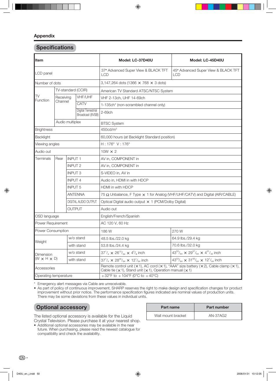 Specifications, Optional accessory, Appendix | Sharp Aquos LC 45D40U User Manual | Page 51 / 54