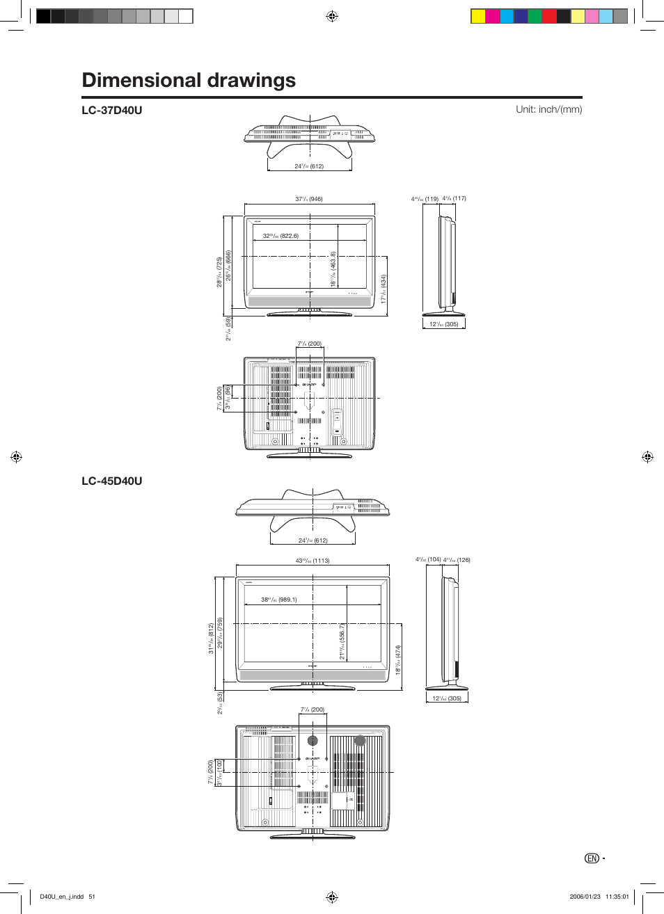 Dimensional drawings, Unit: inch/(mm), M 26 | Inch | Sharp Aquos LC 45D40U User Manual | Page 52 / 54