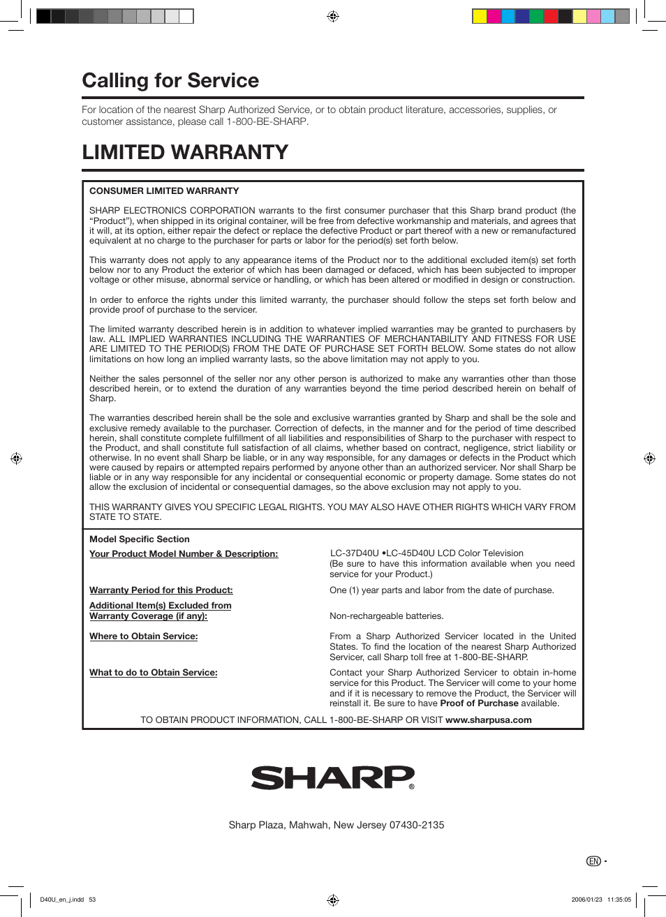 Calling for service limited warranty, Sharp electronics corporation, Sharp corporation | Sharp Aquos LC 45D40U User Manual | Page 54 / 54