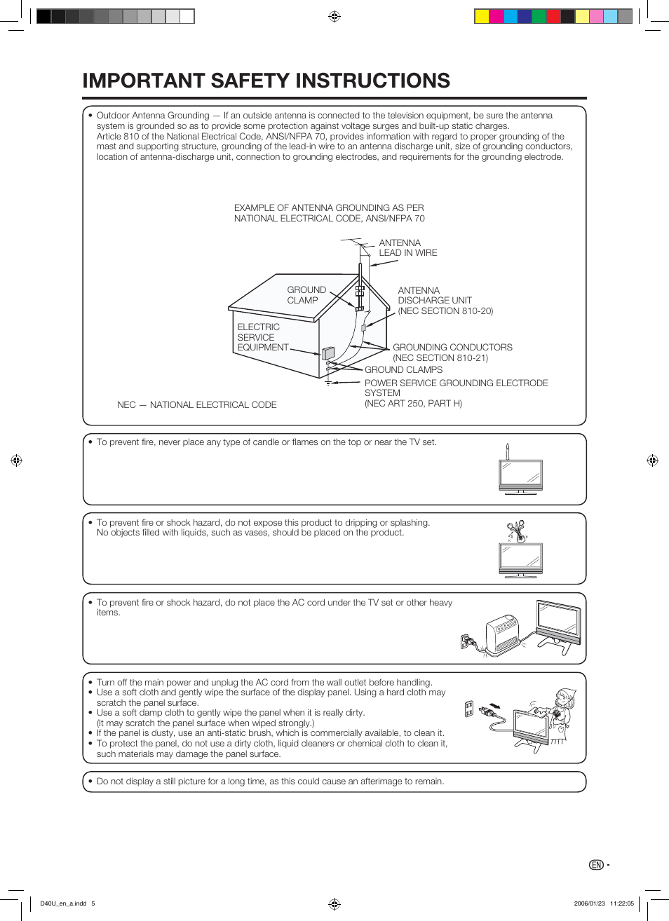 Important safety instructions | Sharp Aquos LC 45D40U User Manual | Page 6 / 54