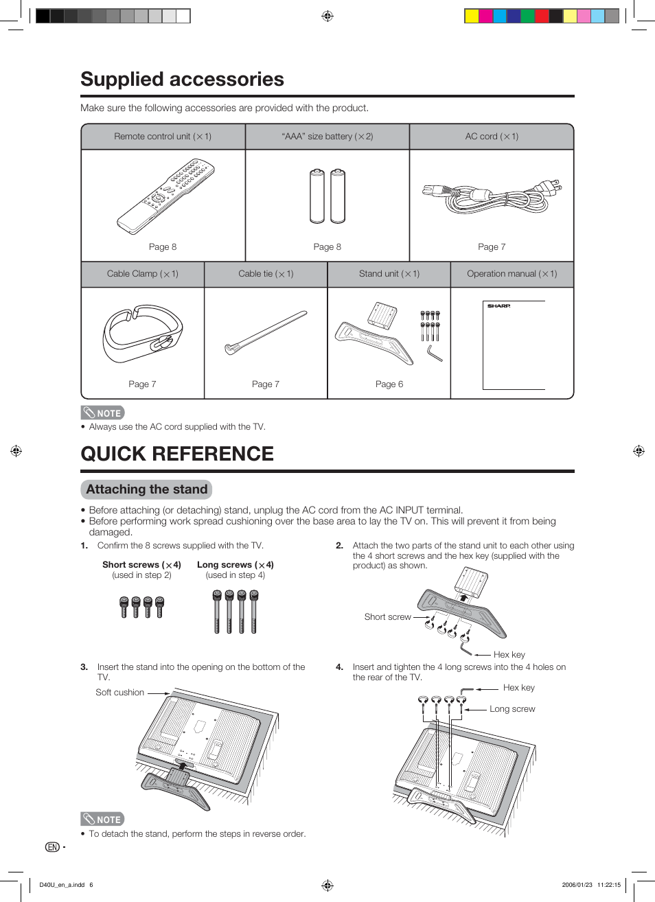 Supplied accessories, Quick reference, Attaching the stand | Sharp Aquos LC 45D40U User Manual | Page 7 / 54