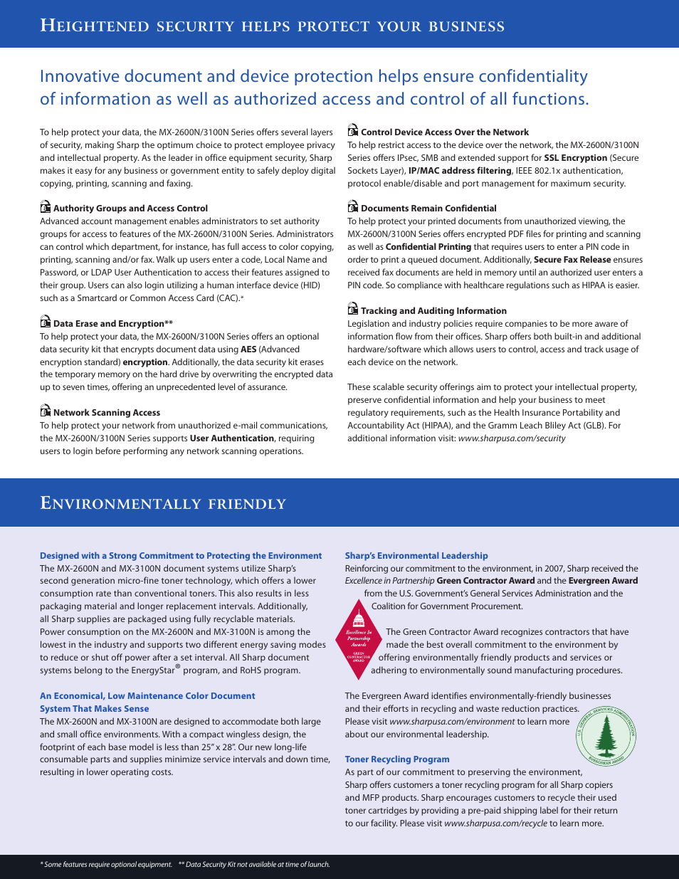 Eightened security helps protect your business, Nvironmentally friendly | Sharp MX-2600N User Manual | Page 7 / 8
