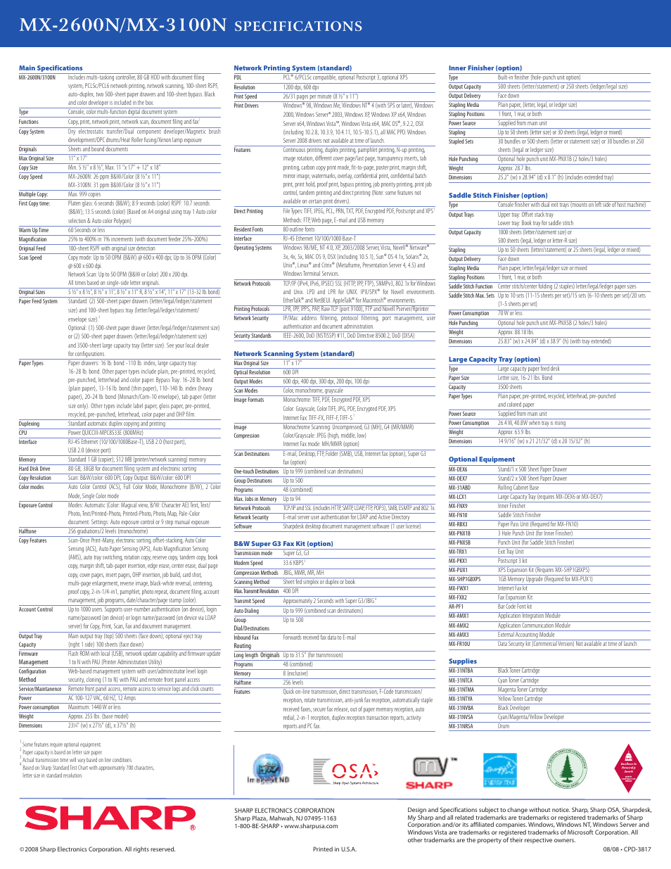 Specifications | Sharp MX-2600N User Manual | Page 8 / 8