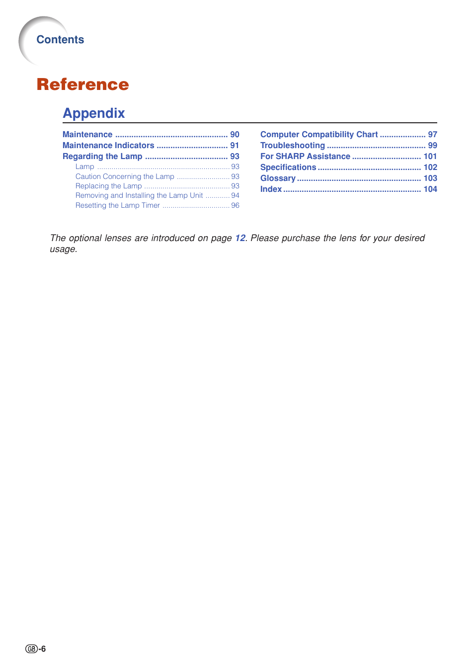 Reference, Appendix | Sharp XG-PH50X User Manual | Page 10 / 108