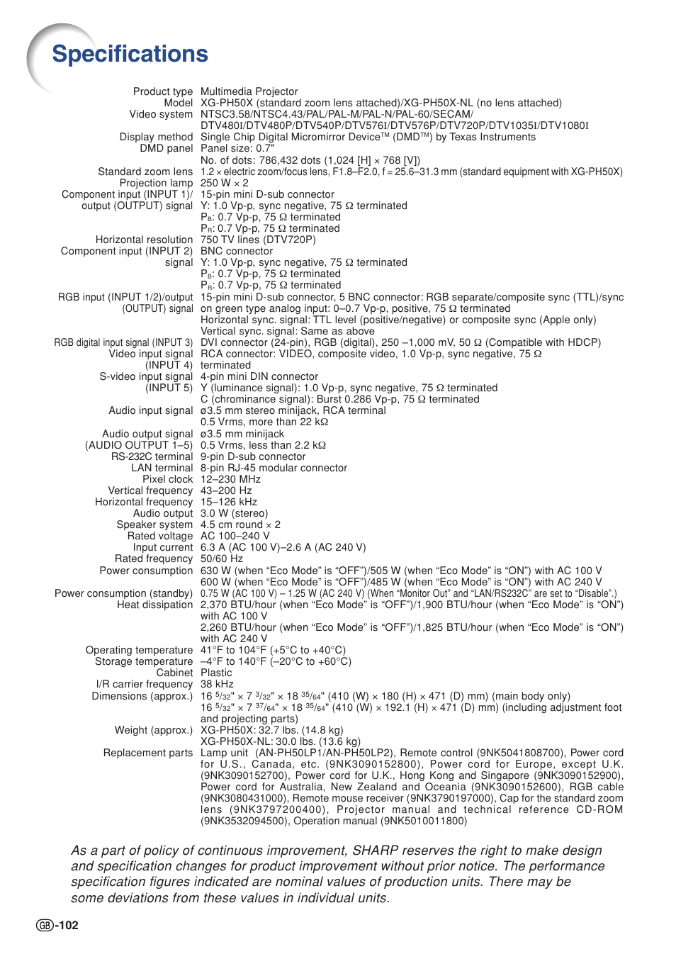 Specifications | Sharp XG-PH50X User Manual | Page 106 / 108