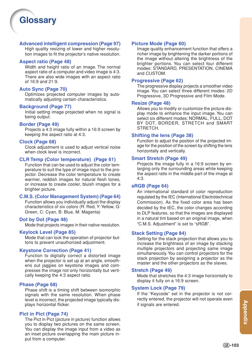 Glossary, Resize, Is displayed on the screen | Aspect ratio, Dot by dot, Selecting the, Picture mode, Description of, Color temperature, Progressive | Sharp XG-PH50X User Manual | Page 107 / 108