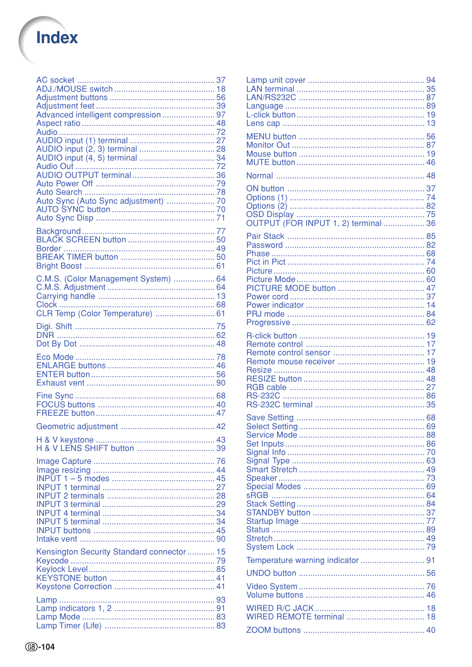 Index | Sharp XG-PH50X User Manual | Page 108 / 108