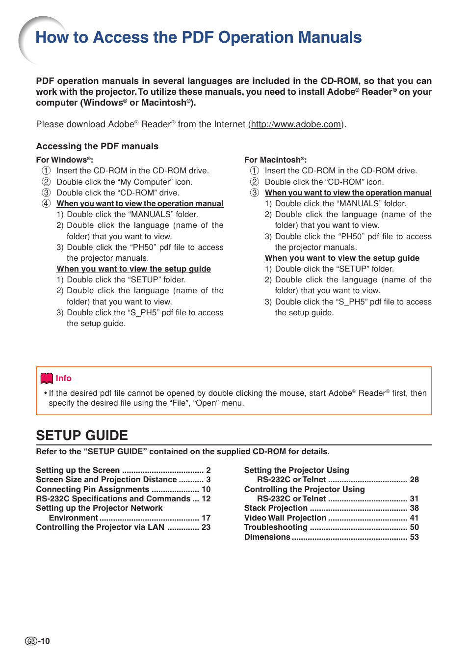How to access the pdf operation manuals, Setup guide | Sharp XG-PH50X User Manual | Page 14 / 108