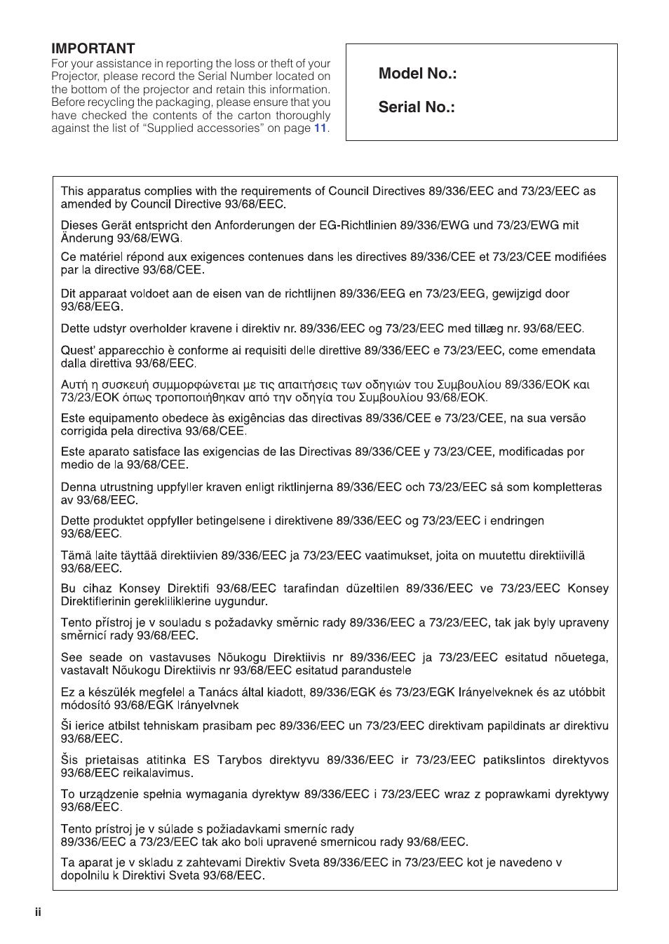 Model no.: serial no | Sharp XG-PH50X User Manual | Page 2 / 108