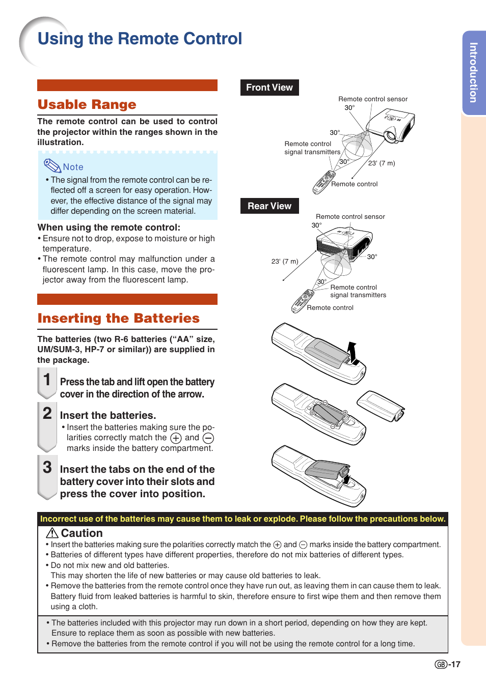 Using the remote control, Usable range, Inserting the batteries | Usable range inserting the batteries, Caution | Sharp XG-PH50X User Manual | Page 21 / 108