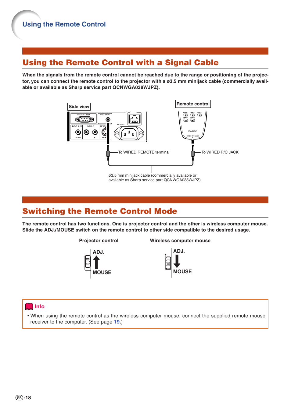 Using the remote control with a signal cable, Switching the remote control mode, Using the remote control | Sharp XG-PH50X User Manual | Page 22 / 108