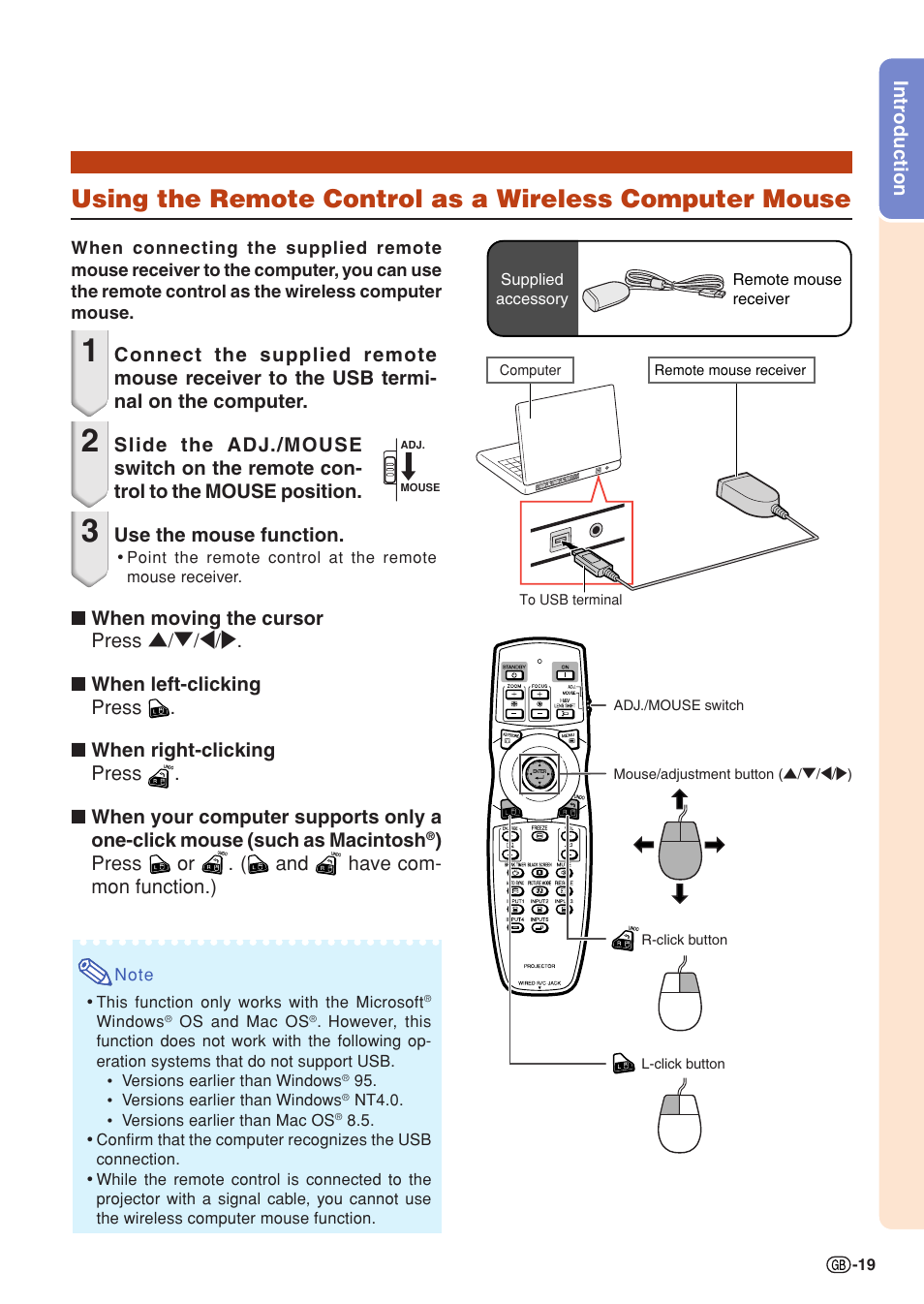 Using the remote control as a wireless, Computer mouse, Mouse/adjustment button | Sharp XG-PH50X User Manual | Page 23 / 108